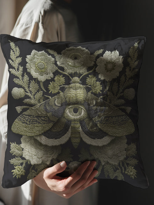 Luxury dark academia pillow cover in black featuring an embroidered-style veiled moth with an all-seeing eye, surrounded by intricate cream and sage florals and foliage, inspired by Victorian entomology and folklore. Square cushion, available in 18x18 or 22x22 inches, linen-feel premium polyester, double-sided print, hidden zipper.